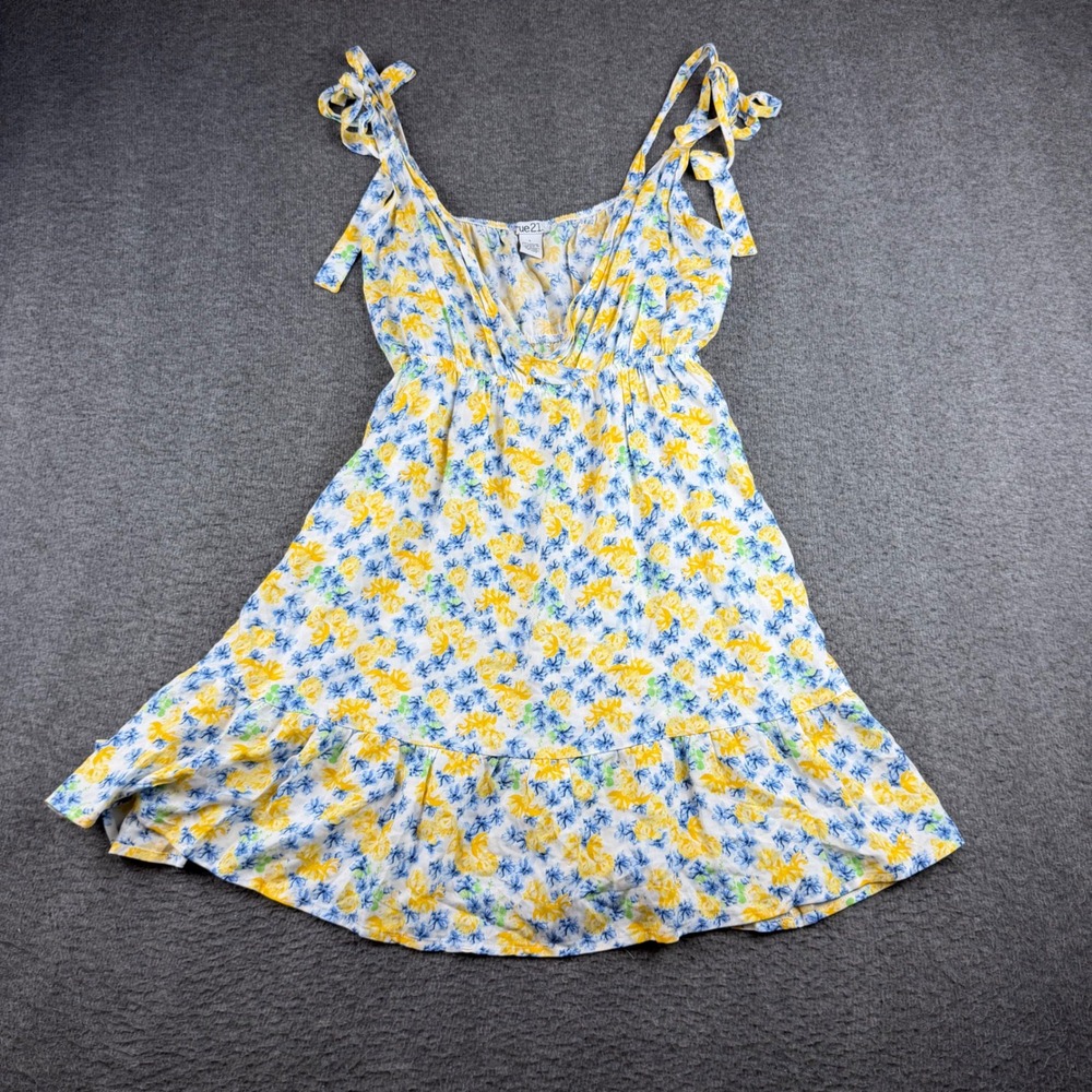 rue21 Floral Sundress Women's Large White Yellow Blue Tie Shoulder Ruffle Hem